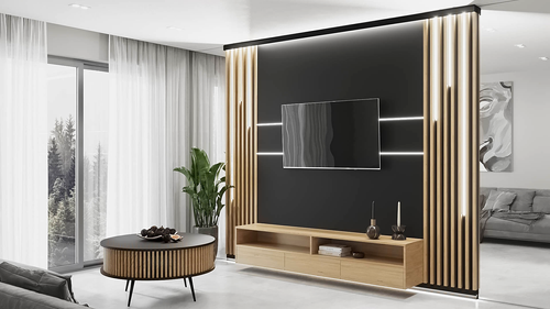 Stolik kawowy okrągły SUNDAY - Czarny blat / Lamele Dąb Wotan