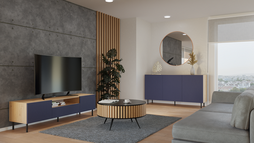 Komoda z ryflowanymi frontami ORON 3D SLIM 150cm - Dąb Artisan/Granatowy