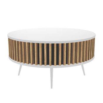 Stolik kawowy okrągły SUNDAY - Biały blat / Lamele Dąb Wotan